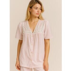 2/$15 Vintage 80s Barbizon Pajama Top Pale Pink Button Lace Embroidered Size M
